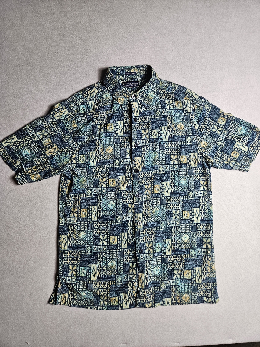 Weekender Silk Shirt Men’s Large Blue Geometric Resort Button Up
